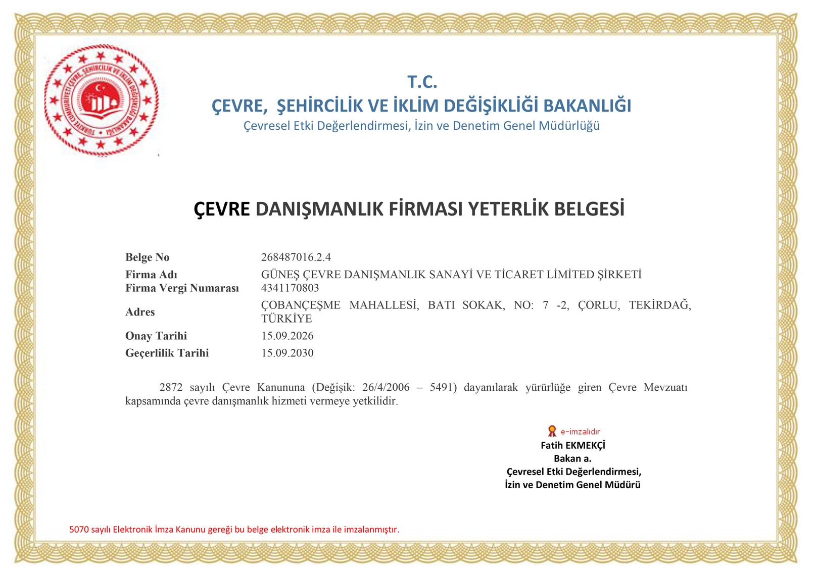 Çevre Danışmanlık Firması Yeterlik Belgesi